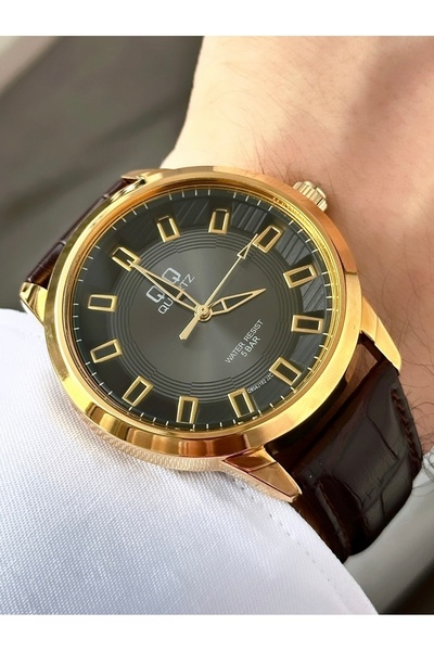 Q&Q Erkek Metal Gri Çerçeve Kahverengi Deri Kayış Klasik Kol Saati