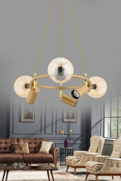 avimonaydınlatma RİNGA 6 LI CAMLI - SPOTLU BAL CAM - ESKİTME RENKTE SARKIT AVİZE Oturma Odası Salon