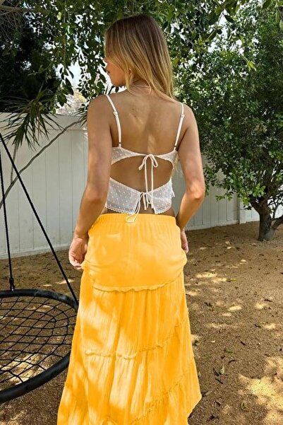 Madmext Sarı Basic Pileli Kadın Uzun Etek