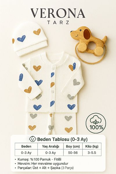 VERONA TARZ Baby Boy Heart Patterned 3-Piece Hospital Discharge Set Newborn Outfit 50-56cm Corduroy Fabric