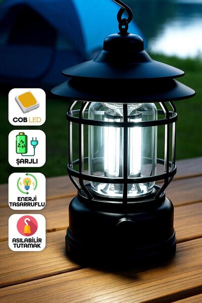 Telvesse LED Şarjlı Kamp Lambası Işık Dimmer Ayarlı Askılı Portatif Işıldak El Feneri Gece Lamba Siyah PR20