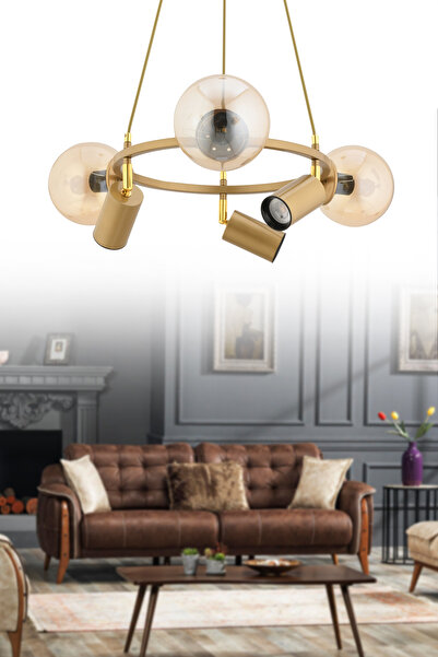 avimonaydınlatma RİNGA 6 LI CAMLI - SPOTLU BAL CAM - ESKİTME RENKTE SARKIT AVİZE Oturma Odası Salon