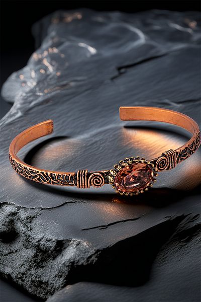 OSMANLI GÜMÜŞ Women's Copper Bracelet Ring Set - Zultanite Stone Shuttle Tree Bark Model Thin Metal Box Quartz Stone