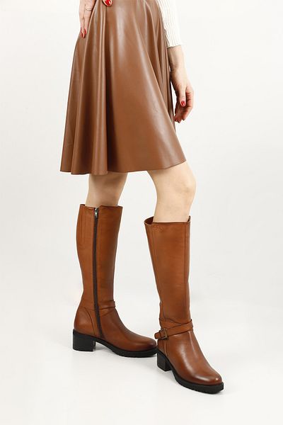 GÖNDERİ(R) Women/Girls Tan Antique Zippered Thick Heeled Genuine Leather Boots