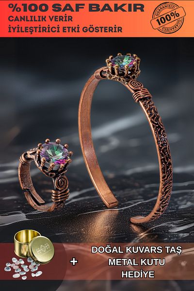 OSMANLI GÜMÜŞ Women's Copper Bracelet Ring Set - Mystic Topaz Tree Bark Model Thin Metal Box Quartz Stone Set