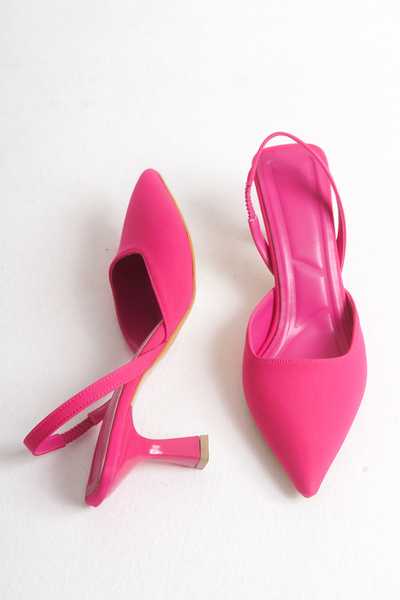 labor collection Sivri Burun Arkası Açık Kadın Topuklu Saten Ayakkabı Fuşya-39