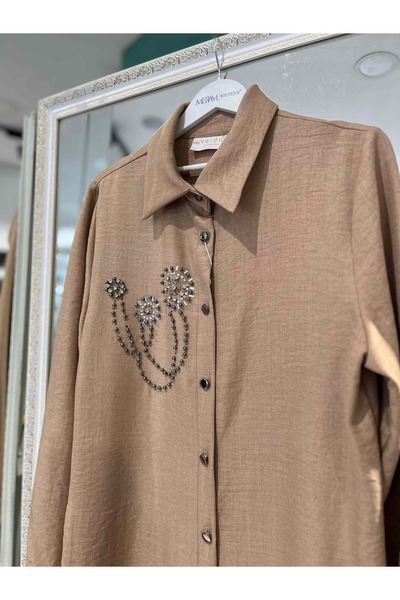 MERAM BUTİK Yelda Linen Tunic 1059 - Mink - 54