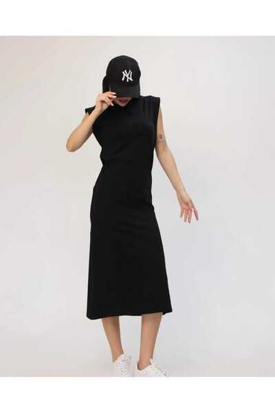 Bubble Kadın Pamuklu Vatka Görünümlü Kolsuz Arkadan Yırtmaçlı Midi Basic Elbise