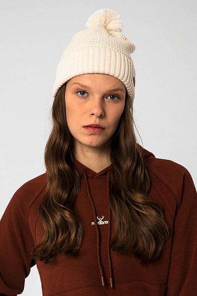 Nordbron Ecru Colored Women's Knitwear - Beanie Logo Detailed, Soft Textured Basic Pompom Winter Deena