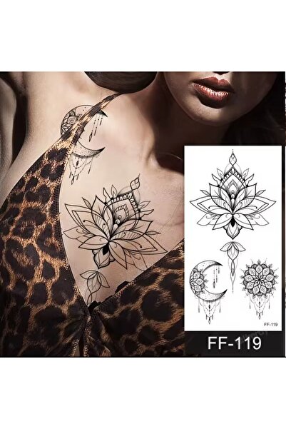 incebeltayt Lotus Çiçeği Ve Ay Figürlü Gerçek Görünümlü Geçici Dövme