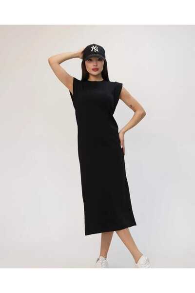 Bubble Kadın Pamuklu Vatka Görünümlü Kolsuz Arkadan Yırtmaçlı Midi Basic Elbise
