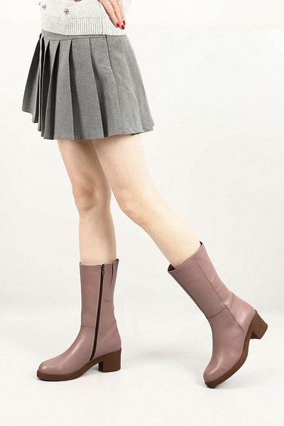 GÖNDERİ(R) Women / Girls Powder Zippered Thick Heeled Genuine Leather Boots