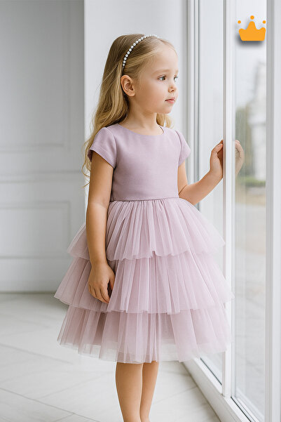 MİNİMONY 4-8 Yaş İnci Taçlı Katlı Tül Etekli Kız Bebek Çocuk Abiye Elbise Bay...