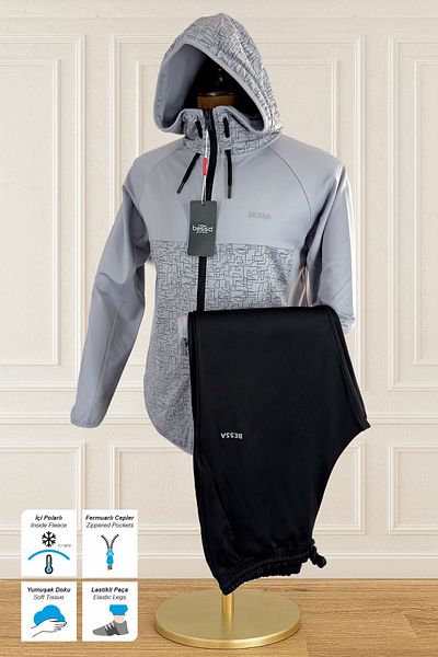 BESSA Set de trening pentru bărbați din țesătură gri Scuba Diver, cu glugă, buzunar cu fermoar, picior elastic