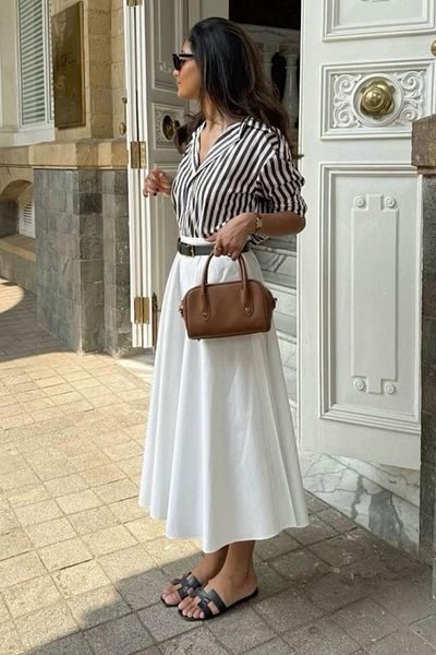 Madmext White Pleated Pocket Women's Midi Length Skirt Mg2536