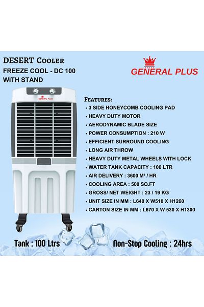 General Plus 100 Lt Cooling Desert Air Cooler, Energy Saving, Noiseless, Easy to Move, Heavy Duty Motor