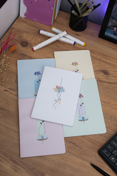Store Minimal Çiçekler 5'li Defter Seti - Çizgisiz - Her Biri 56 Sayfa - 14x20cm - İplik Dikişli Cilt