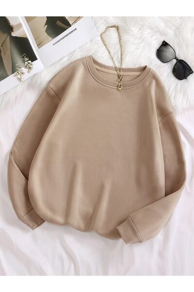 S&A DESIGN Unisex Basic 0 Sıfır Yaka Baskısız Düz Oversize Geniş Bol 3 İplik %100 Pamuk Sweatshirt