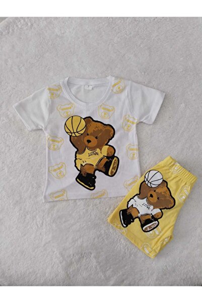 Store Yellow Basketball Teddy Bear Unisex Short Sleeve Summer Suit Top and Bottom Suit Beach