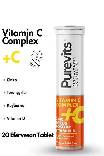 Purevits Vitamin C 1000 mg – Çinko – Vitamin D – Citrus - Rosehip - 20 Effervesan Tablet