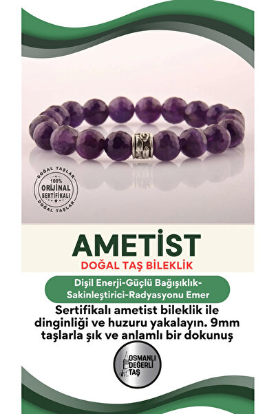 OSMANLI DEĞERLİ TAŞ Sertifikalı Ametist Doğal Taş Bileklik 9mm