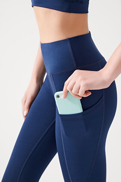 Los Ojos Női sötétkék magas derekú simító dupla zsebes térd alatt Capri leggings Capri