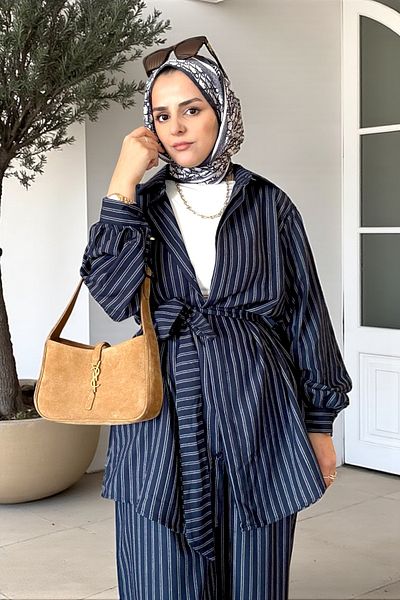 Aselim Hijap Moda Striped Belted Cotton Shirt Suit Navy Blue