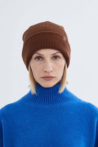 Nordbron Căciulă elastică și moale, unisex, maro, din tricotaje acrilice - Pumb de bază cu logo de iarnă pliat dublu