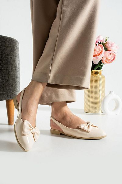 SMRMODA Women's Beige Faux Leather Ballerina with Bow Comfortable Lightweight Daily Ballerina