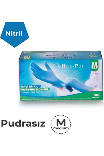 Has-Pet Cerrahi Eldiven Mavi Nitril Eldiven 100'lü Paket 1 Adet M Beden Muayene Eldiveni