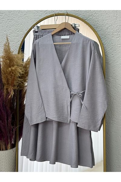 Mihra Serona Top with Kimono Skirt Strawberry Suit-Ek556 Gray