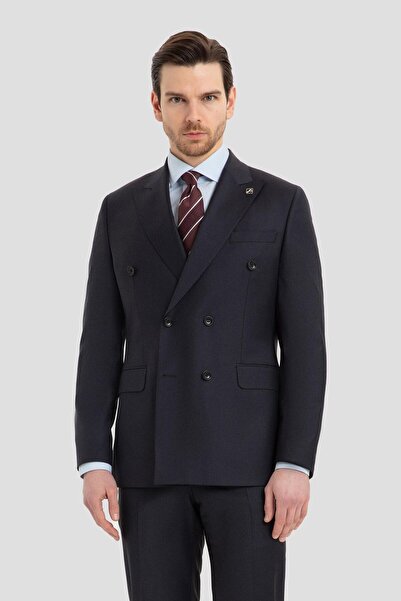 Sabri Özel Yün Karışımlı Kruvaze Sivri Yaka Takım Elbise Lacivert