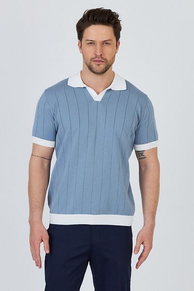 Frappoli Garci̇a Men's Blue-White Cotton Blended Apache Collar Slim Fit Polo Collar Knitwear T-Shirt