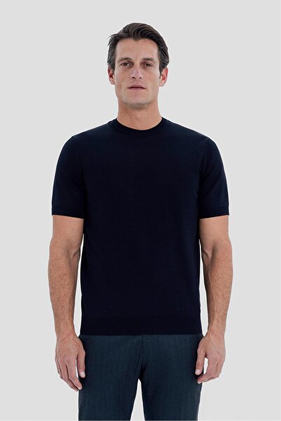 Sabri Özel Siyah Slim Fit Triko Bisiklet Yaka Tişört