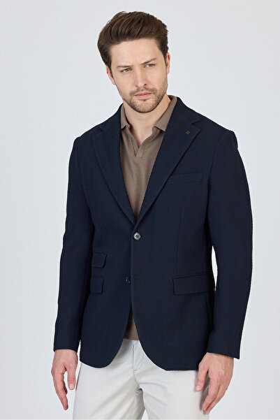 Frappoli Lores Erkek Lacivert Astarsız Soft Balıksırtı Desenli Esneyen Kumaş Likralı Spor Blazer Ceket