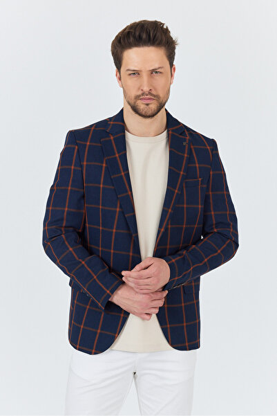 Frappoli Чоловічий темно-синій-червоно-коричневий картатий полівіскозний піджак Slim Fit