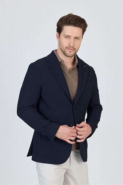 Frappoli Lores Men's Navy Blue Unlined Soft Herringbone Patterned Stretch Fabric Lycra Sports Blazer Jacket