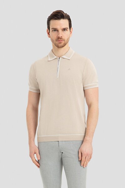 Sabri Özel Fermuarlı Polo Yaka Triko T-Shirt Bej