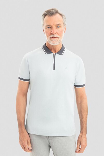 Sabri Özel Fermuarlı Polo Yaka Erkek T-Shirt Açık Gri