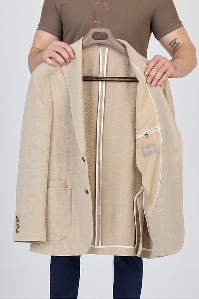 Frappoli Vitanes Men's Beige Unlined Soft Plaid Stretching Fabric Lycra Sports Blazer Jacket