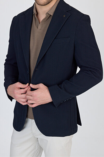 Frappoli Lores Erkek Lacivert Astarsız Soft Balıksırtı Desenli Esneyen Kumaş Likralı Spor Blazer Ceket