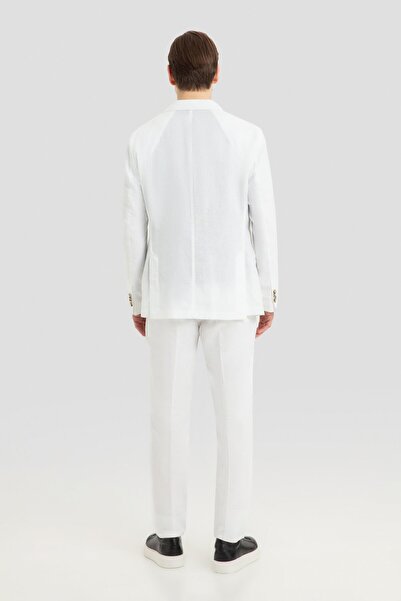 Sabri Özel Mono Yaka Keten Takım Elbise Beyaz