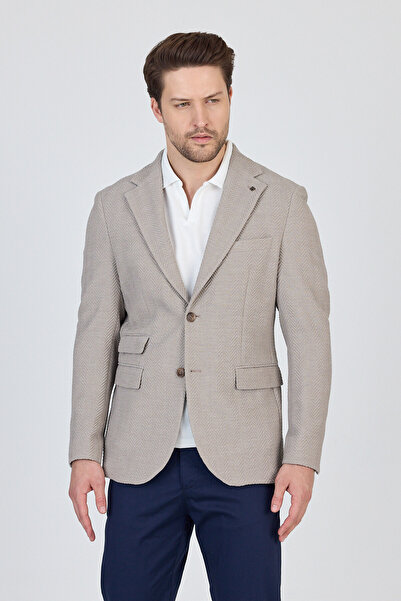 Frappoli Lores Erkek Stone-Taş Astarsız Soft Balıksırtı Desenli Esneyen Kumaş Likralı Spor Blazer Ceket
