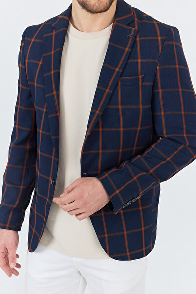 Frappoli Чоловічий темно-синій-червоно-коричневий картатий полівіскозний піджак Slim Fit