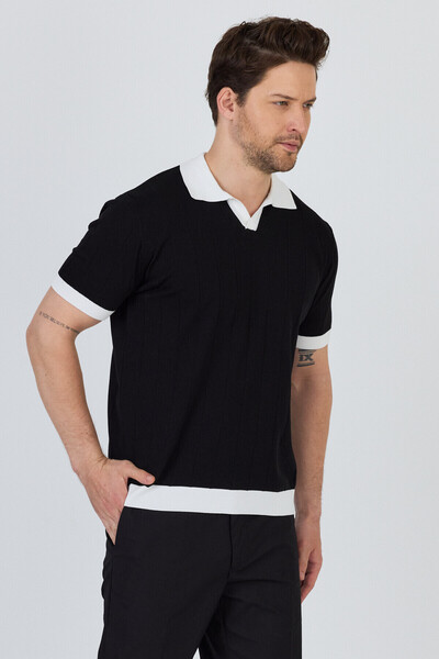 Frappoli Ανδρικό μπλουζάκι GARCİA μαύρο-λευκό βαμβακερό με απασχιστό γιακά με λεπτή εφαρμογή πλεκτό μπλουζάκι με γιακά πόλο
