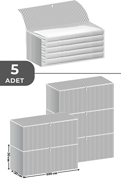 Genel Markalar 5 Adet Antrasit Çizgili Büyük Boy Yorgan Hurcu - 100x50x50 cm Ekstra Dayanıklı Baza Altı Hurç