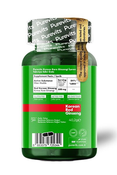 Purevits Kırmızı Kore Ginseng- Korean Red Ginseng 500 Mg – 60 Vegan Kapsül