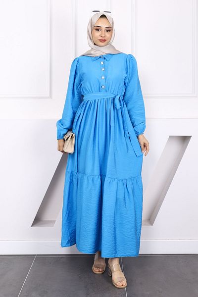 İmajButik Linen Dress - Blue, Waist Gathered