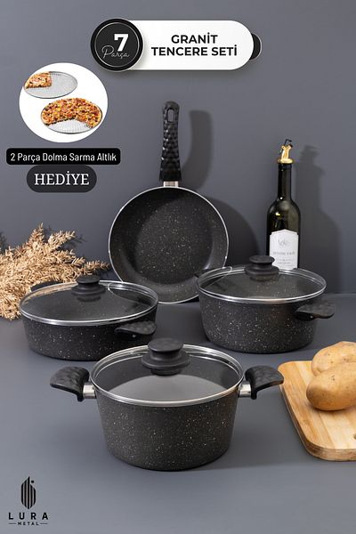 Skygo 7 Piece Gray Granite Cookware Set - Fireproof Non-Stick |   26 cm (Fountain Wrap Base Gift)