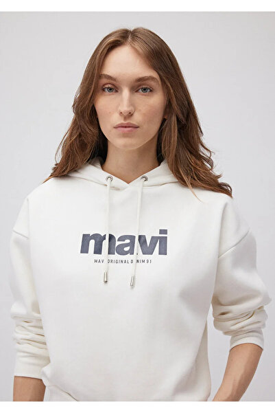 Mavi Women's Logo Printed Hooded Ecru Sweatshirt